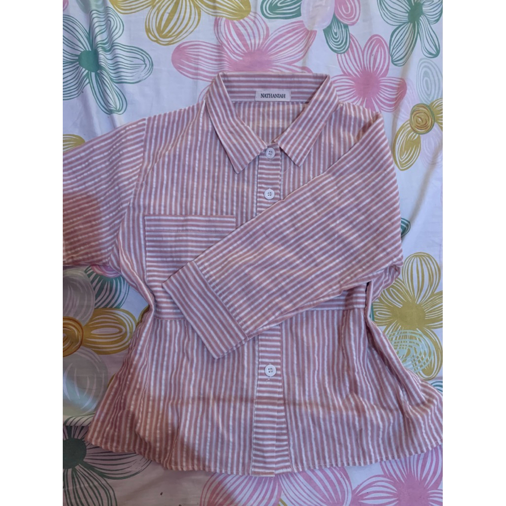 kemeja salur pink