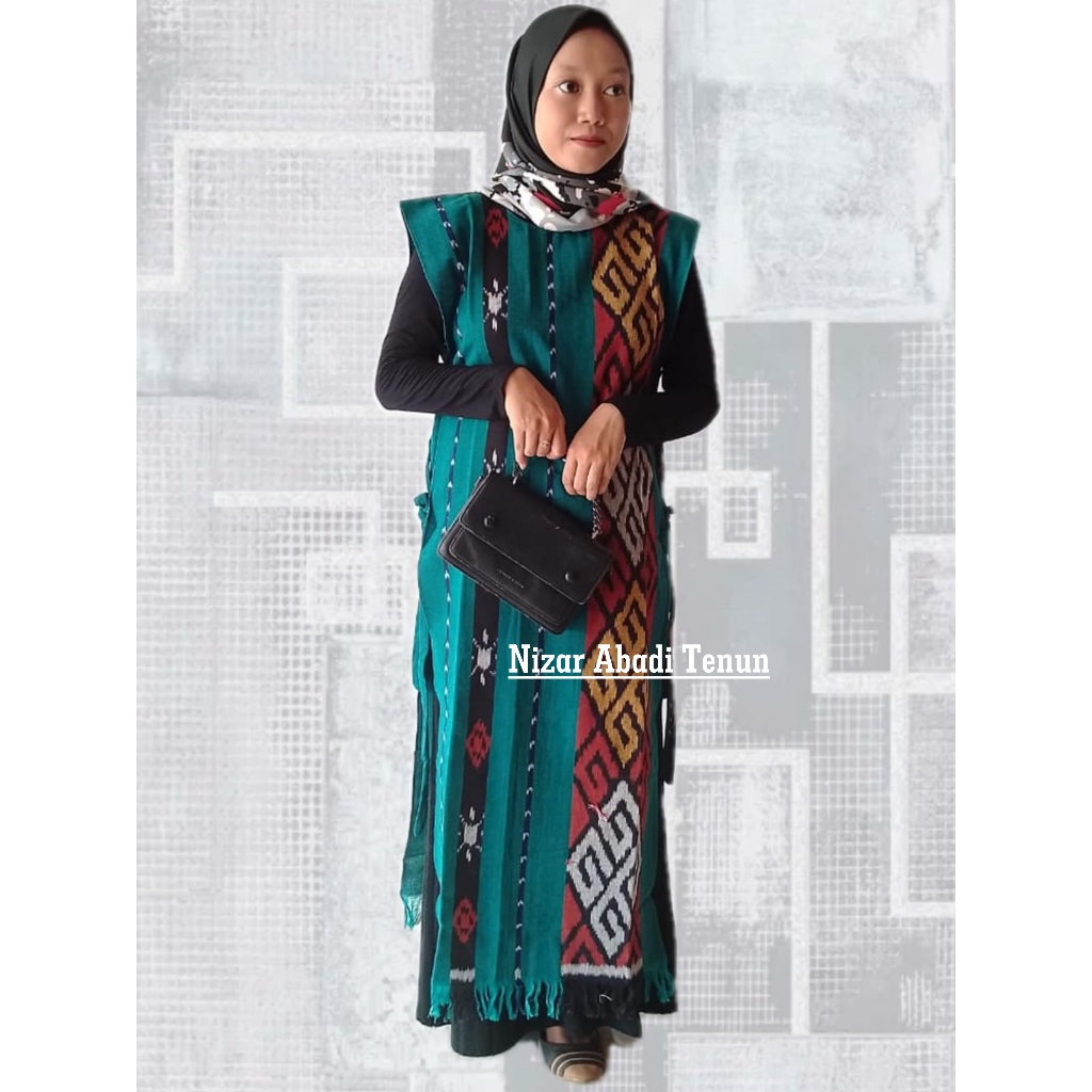 Vest Tenun Terbaru, Vest Panjang Kekinian, Baju Tenun Etnik Wanita Terbaru - Motif Toraja Hijau