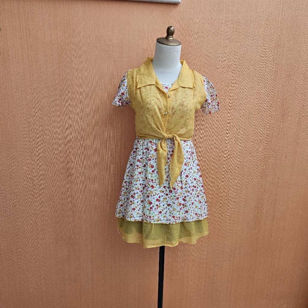 mini midi dress wanita putih motif bunga mic kuning KIRANA cewek S remaja 13 14 thn cute santai