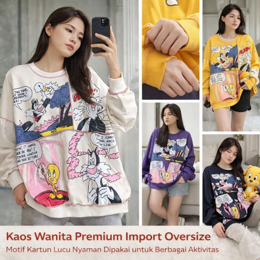 Kaos Wanita Premium Import Oversize | Kaos Lengan Panjang Motif Kartun | Sweater Wanita Kekinian Big
