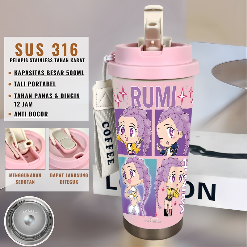 Tumbler Kpop Demon Hunters Rumi 500ml Stainless Steel 316 Portable Botol Minum Simple Stylish & Aest