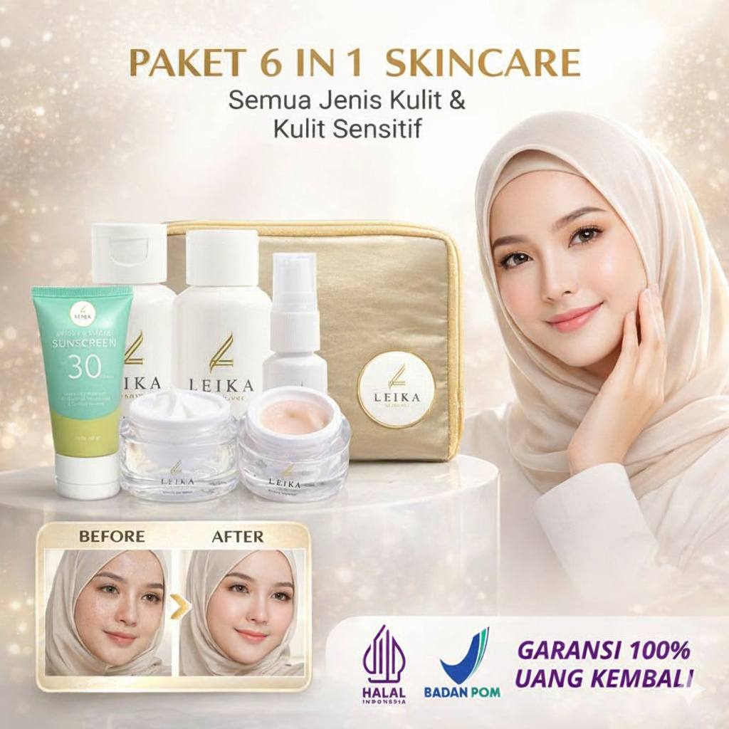Leika Skincare Paket 6in1 Skincare set Sunscreen SPF 30 PA +++ Pemutih Kulit Wajah Ampuh BPOM HALAL