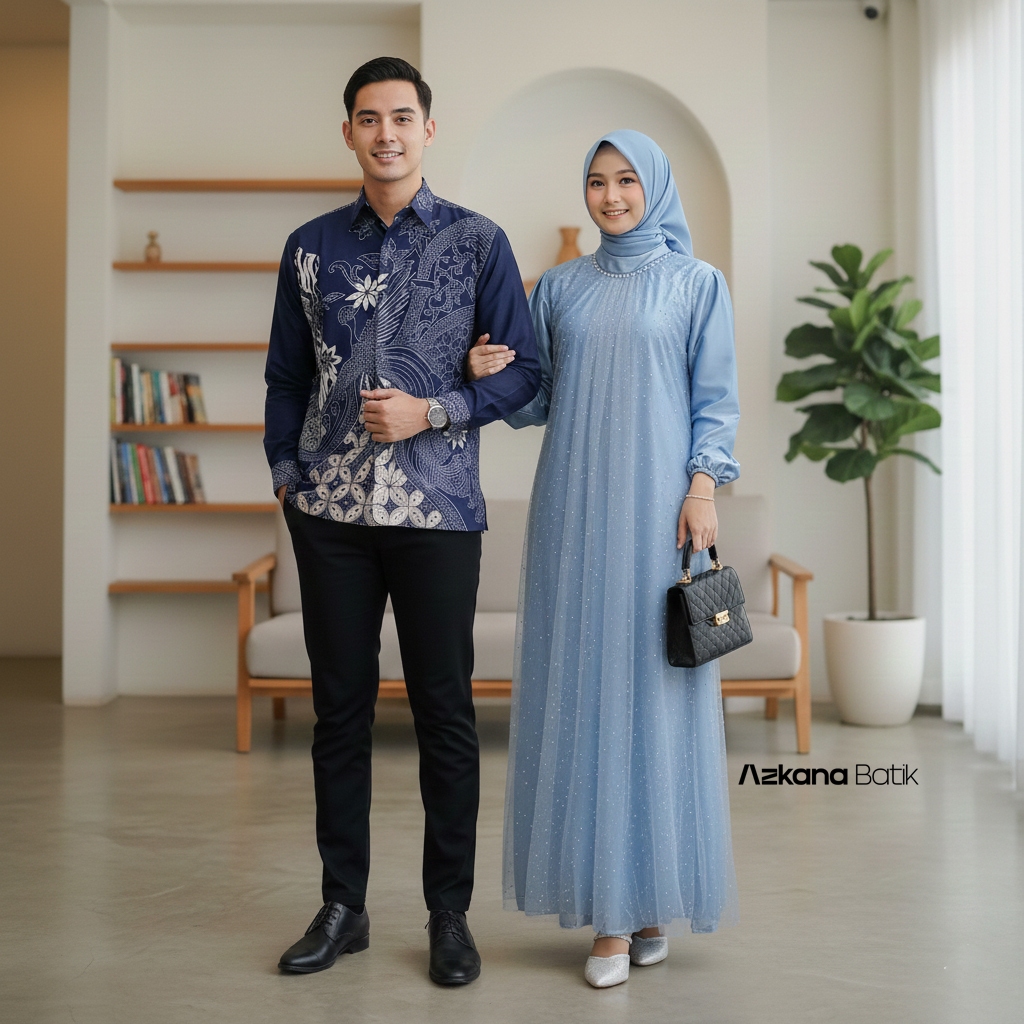 AZKANA BATIK - Gamis Couple Baju Pasangan Lebaran Idul Fitri 2026 Gamis Brokat Elegan Wanita dengan 