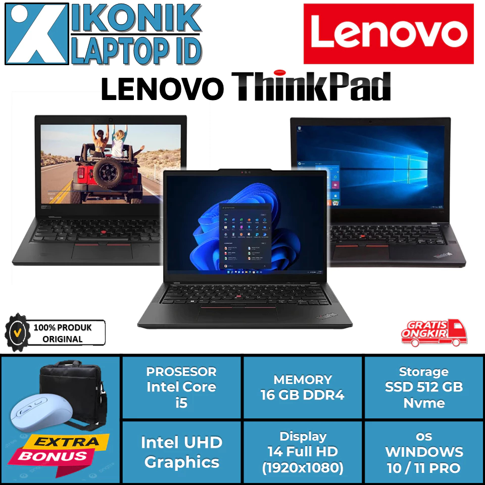 Laptop Tipis Ringan Lenovo Thinkpad Intel Core i5 Ram 16GB Ssd 512 GB Second Mulus Bergaransi