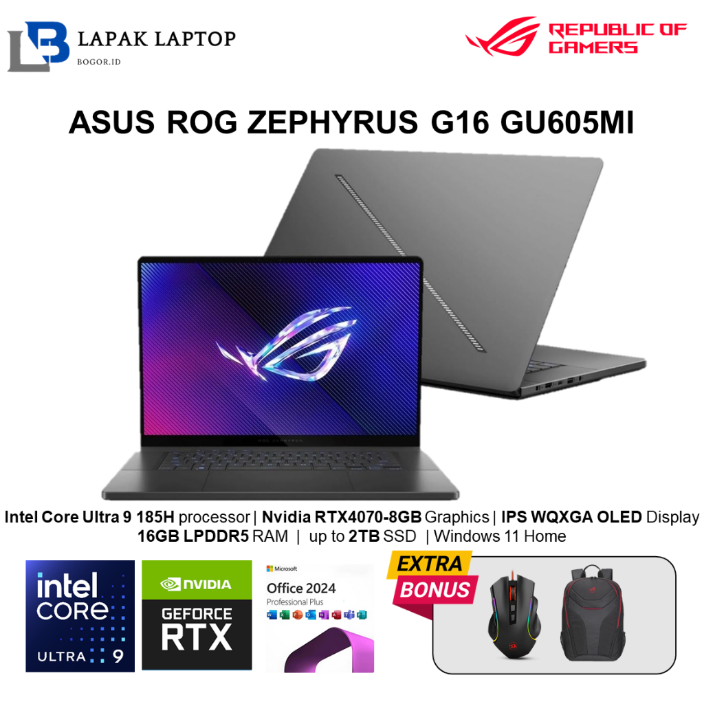 Laptop Asus Rog Zehpyrus G16 Intel Core Ultra 9 16GB DDR5 2TB RTX4070-8GB 16.0 OLED WQXGA  RGB WIN11