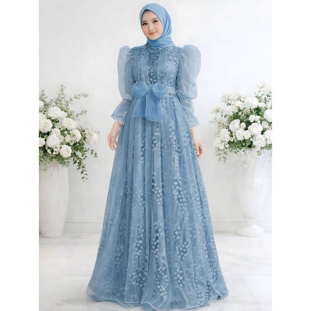 Gamis Brokat Pesta Wanita Muslimah Busui Dress Kondangan Mewah Lengan Balon Alicia Oz