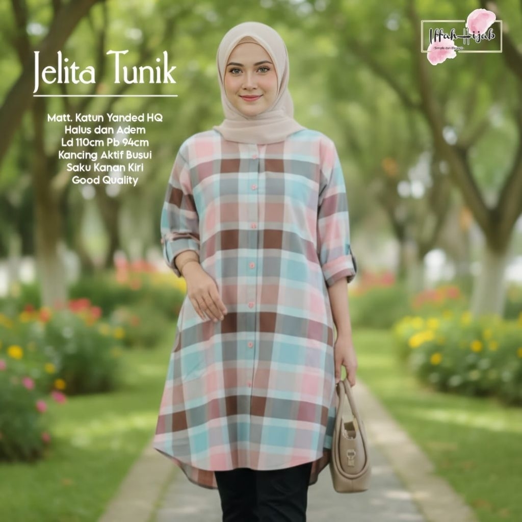 Long tunik kotak atasan wanita long kemeja kota