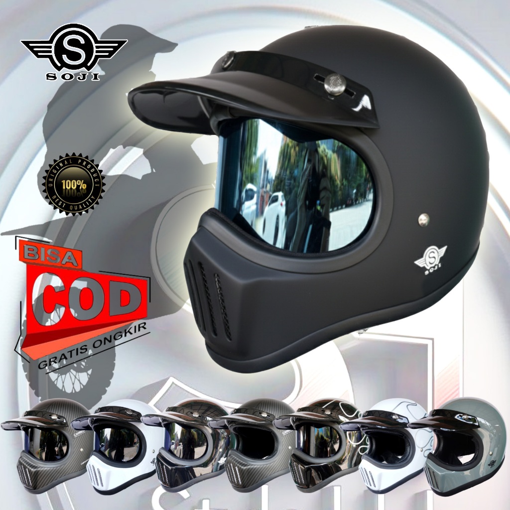 SOJI Helm Cakil Full Face Carrbon, Flame Api Justin dan Polos motocross SNI Helem trail tril