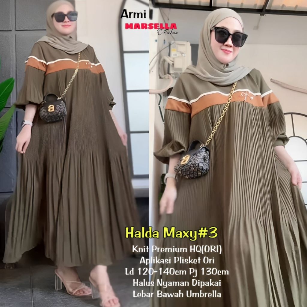 Halda Maxy Dress Gamis Wanita Muslimah Knit Premium Plisket Ori | LD 120–140cm Panjang 130cm