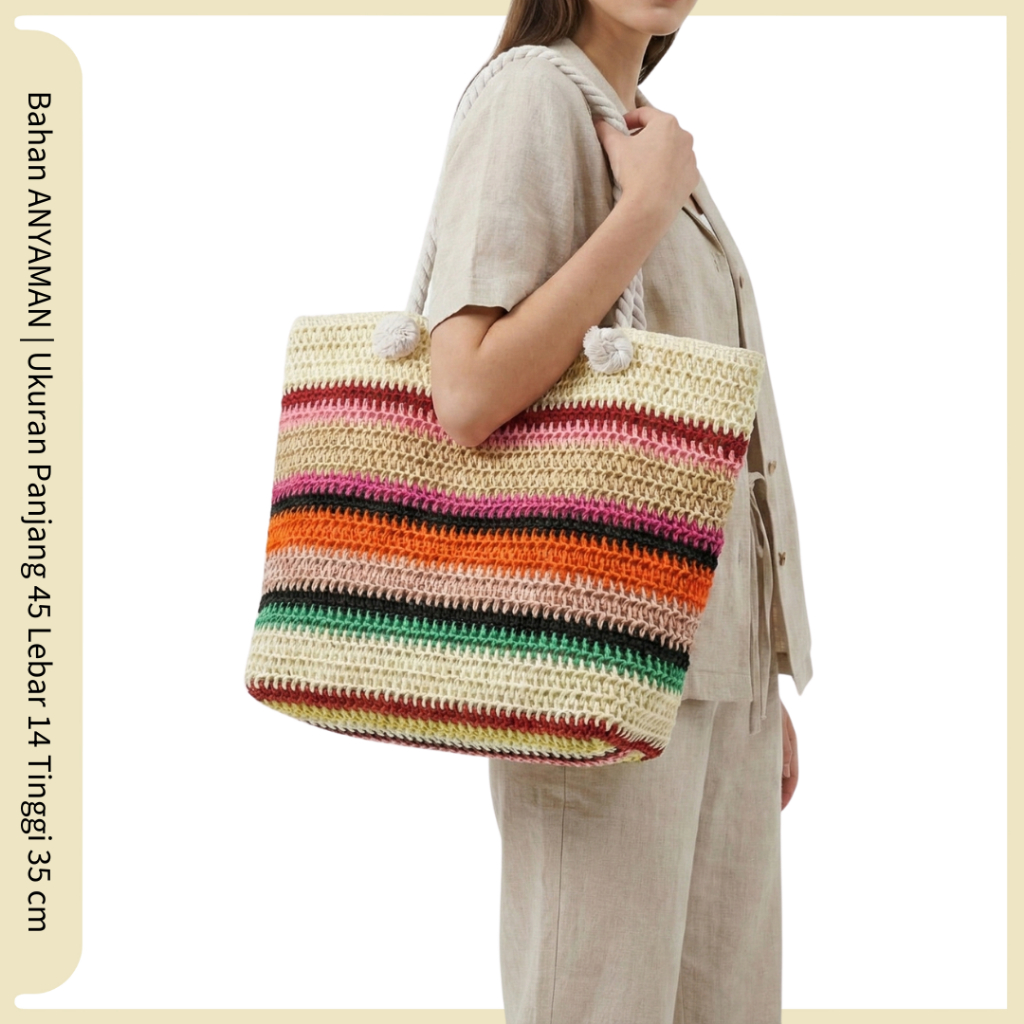 TAS RAJUT PELANGI WATERPROOF PREMIUM | TAS ANYAMAN TALI KATUN TEBAL TAS PANTAI WANITA | TOTE RAINBOW