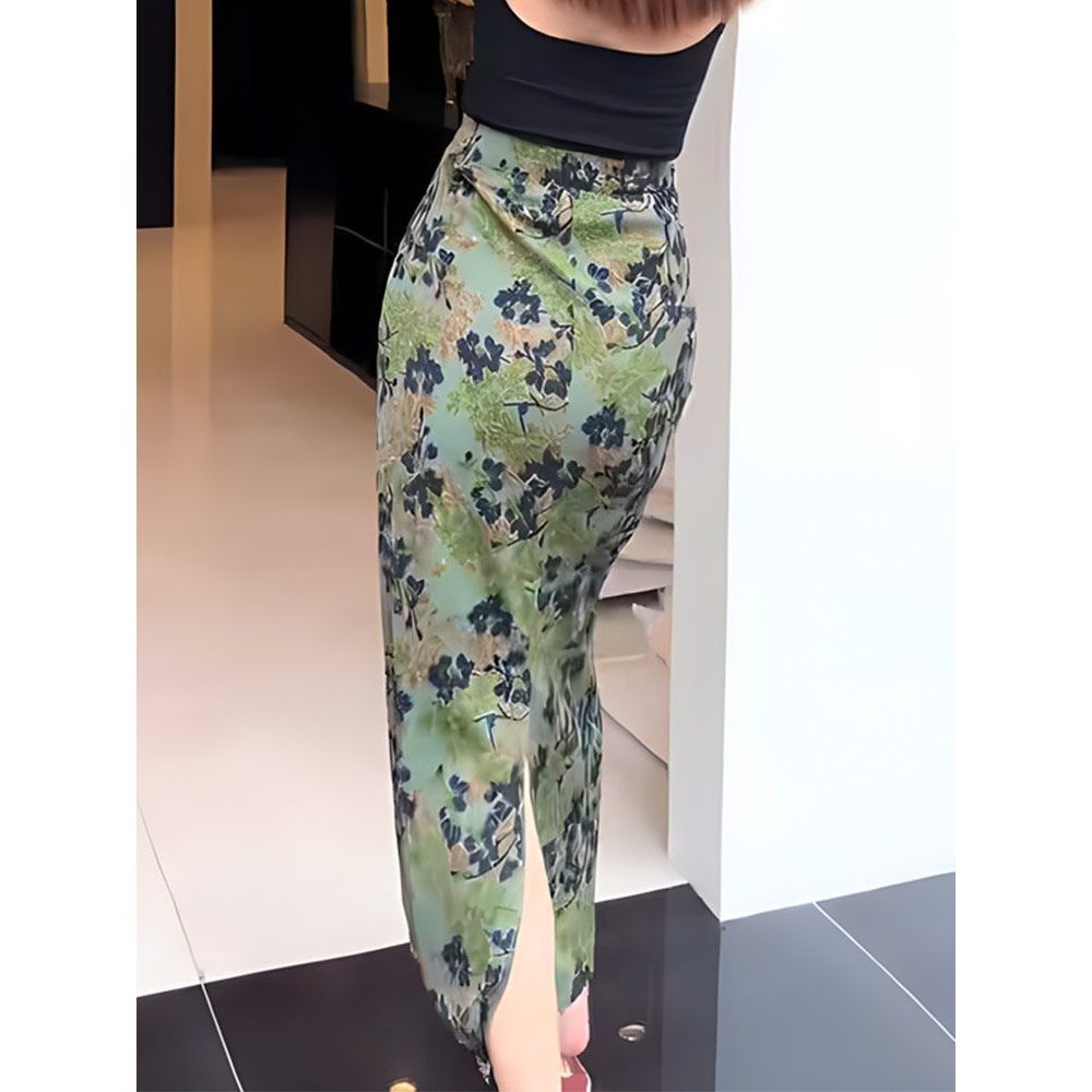 ROK Pensil Wanita dengan Motif Bunga Vintage Prancis dan Bagian Depan Terbelah