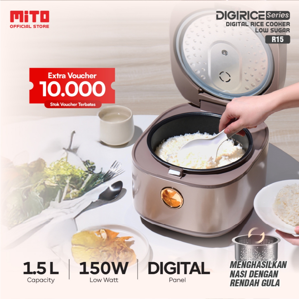MITO Digital Rice Cooker 1.5 Liter R15 - Rice Cooker Low Sugar dengan 8 Menu Preset, Inner Pot Anti 