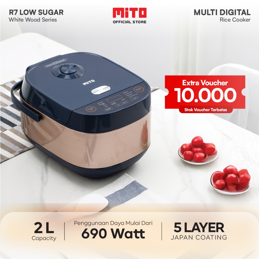 Mito R7 Low Sugar Rice Cooker 1.8 Liter Hitam - Pemanggang Digital Multifungsi