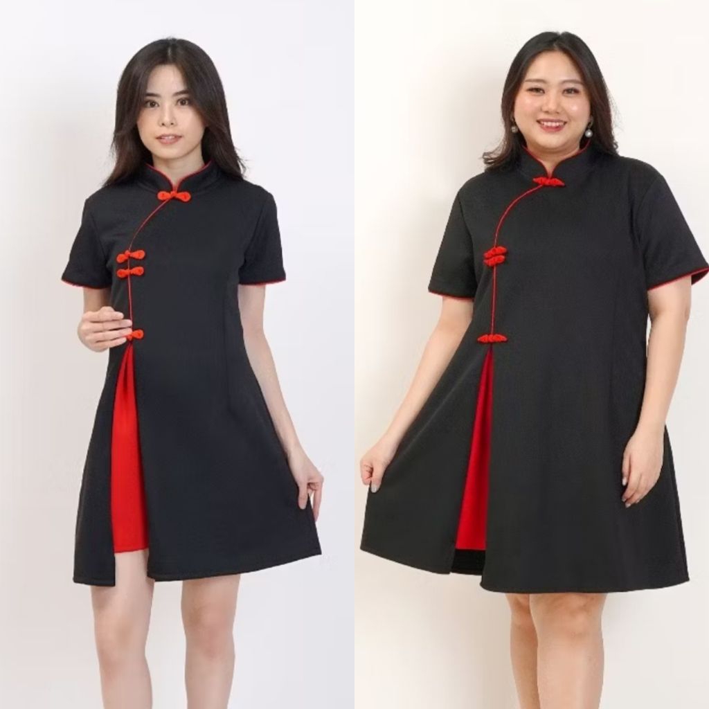 Dress Midi Cheongsam CNY Imlek Wanita Big Size Jumbo Lengan Pendek Scuba M L XL XXXL
