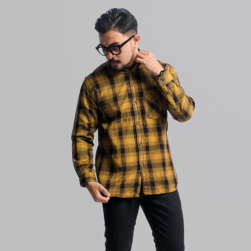 PAKAJI Kemeja Flanel Pria Lengan Panjang Kuning Kemeja Pria Flanel Pria Kemeja Panjang 1318