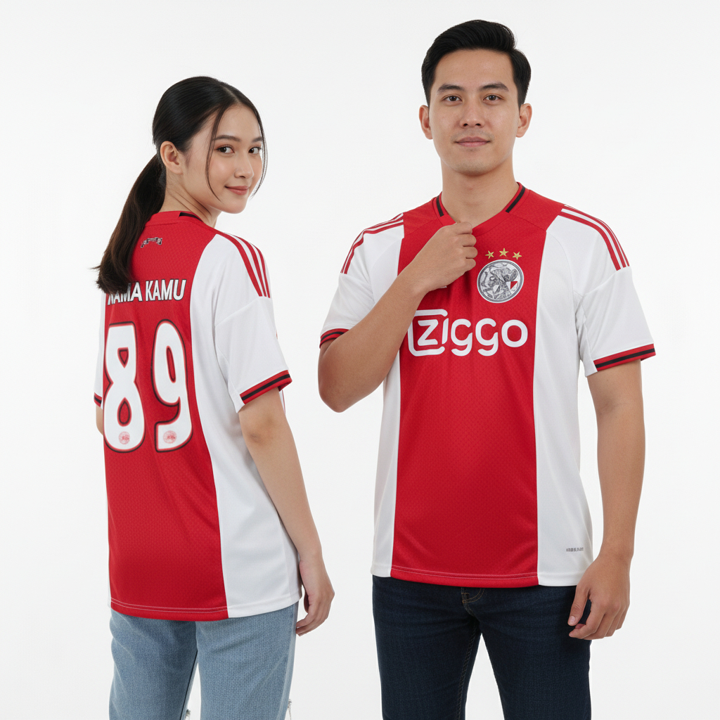 Jersey Ajx Home 2025 2026 Baju Bola Merah Full Patch Eredivisie UCL Pasang Sablon Nameset Nama Nomor