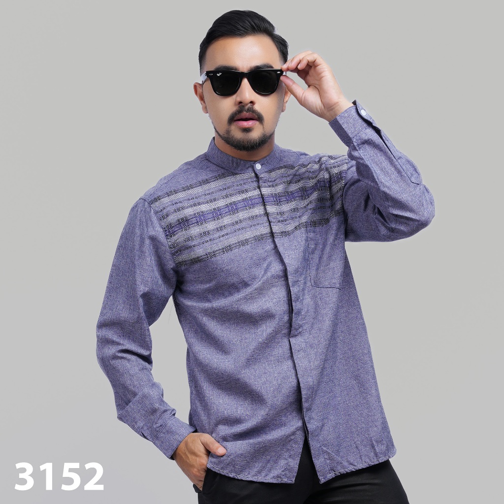 PAKAJI Baju Koko Pria Lengan Panjang Premium Soft Lavender Motif Garis Tenun Horizontal Kecil Baju K
