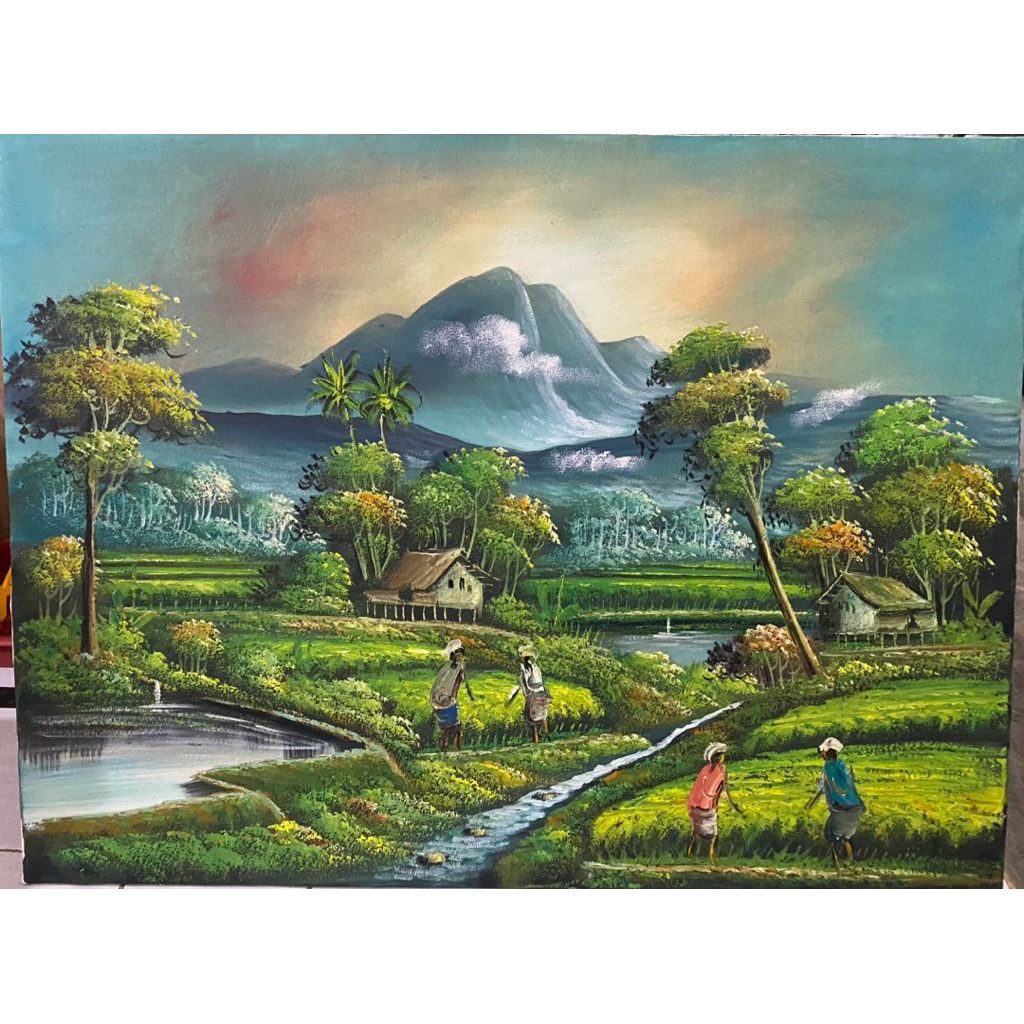 lukisan Pemandangan sawah pallet suasana Sunset, lukisan Canvas, lukisan khas Bali