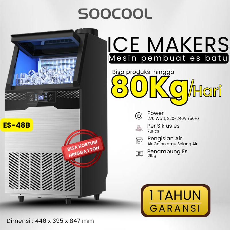 Mesin Pembuat Es Batu ESCOOL Ice Cube Maker 55-80Kg Mesin Es Batu Komersial 300 Watt