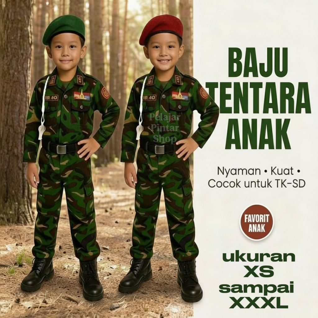Baju Seragam TNI Anak Lengkap 1 Set / Baju Karnaval / Kostum Tentara Anak Loreng