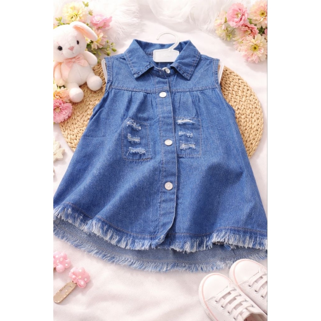 Baju Levis Anak 1–3 Tahun | Atasan Denim Anak Perempuan Tanpa Lengan Lucu & Kekinian