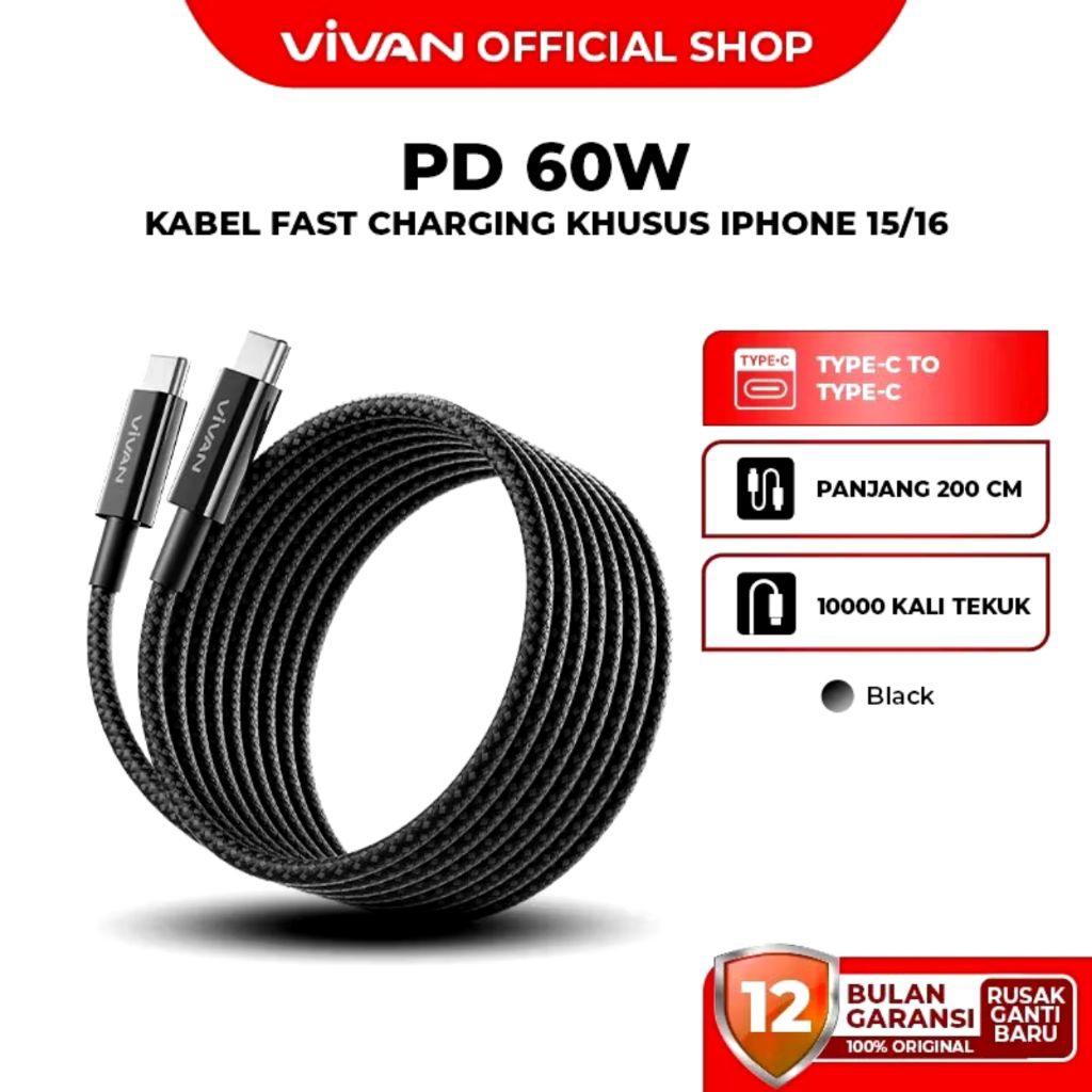 VIVAN VORCC200 USB-C to USB-C 2M Kabel Data Cable Type C to Type C 60W 3A Fast Charging Original