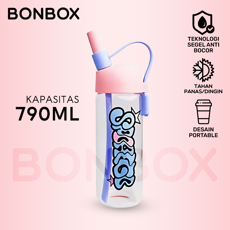 BONBOX Botol Minum Kaca 790ml Aesthetic Sedotan Tutup | Glass Bottle Korean Style Tumbler Sport Wate