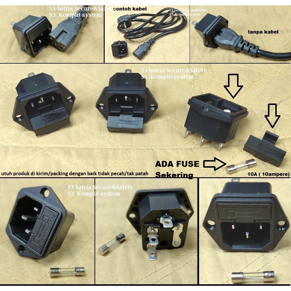 ada fuse sekering Socket input iec inlet AC (minim 10pcs bisa lebih) in kabel power 3 titik pin 3pin