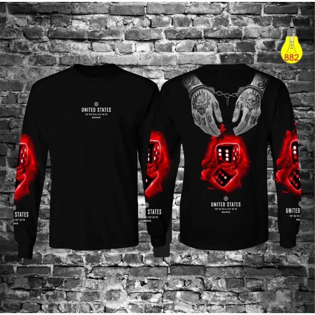 Kaos Distro pria Kaos Motif United States dadu Hitam Baju Kaos Lengan Panjang Keren Cotton Combed 30