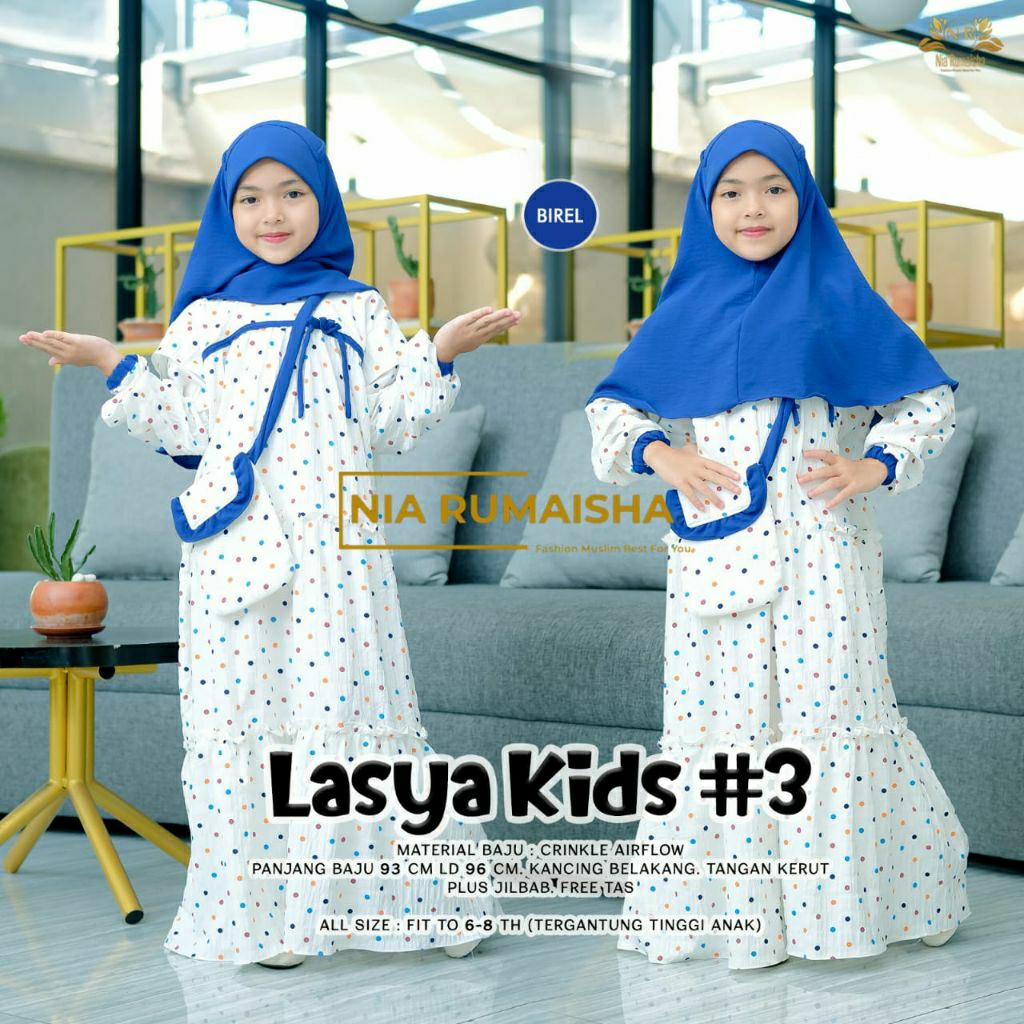 (free+tas) Lasya gamis crinkle anak muslimah usia 6-8 tahun dress syar'i motif polkadot