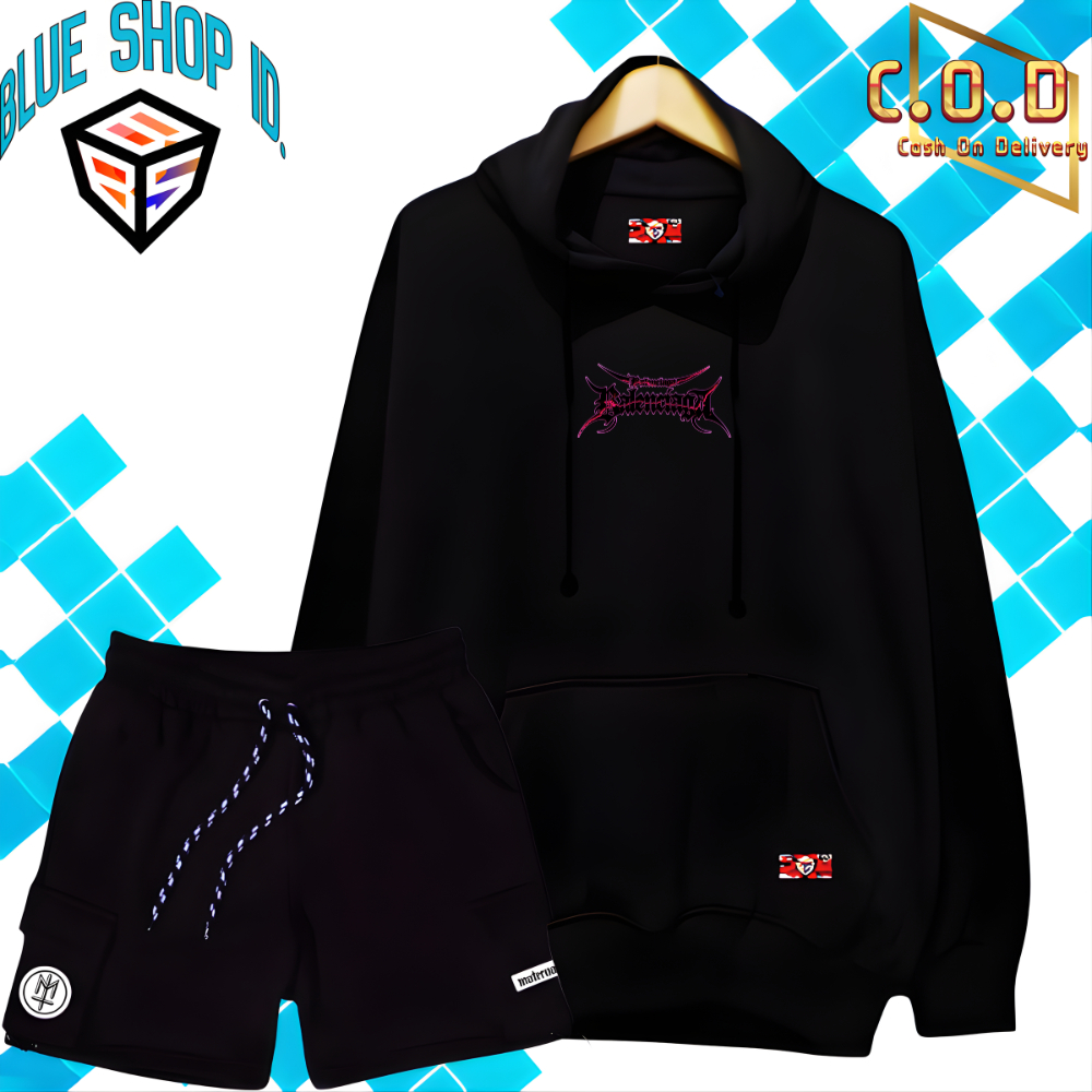 Oneset Hoodie Dan Celana Pendek Cargo Satu Stel Pria Wanita Distro Stelan Sweater Celana Keren Bahan