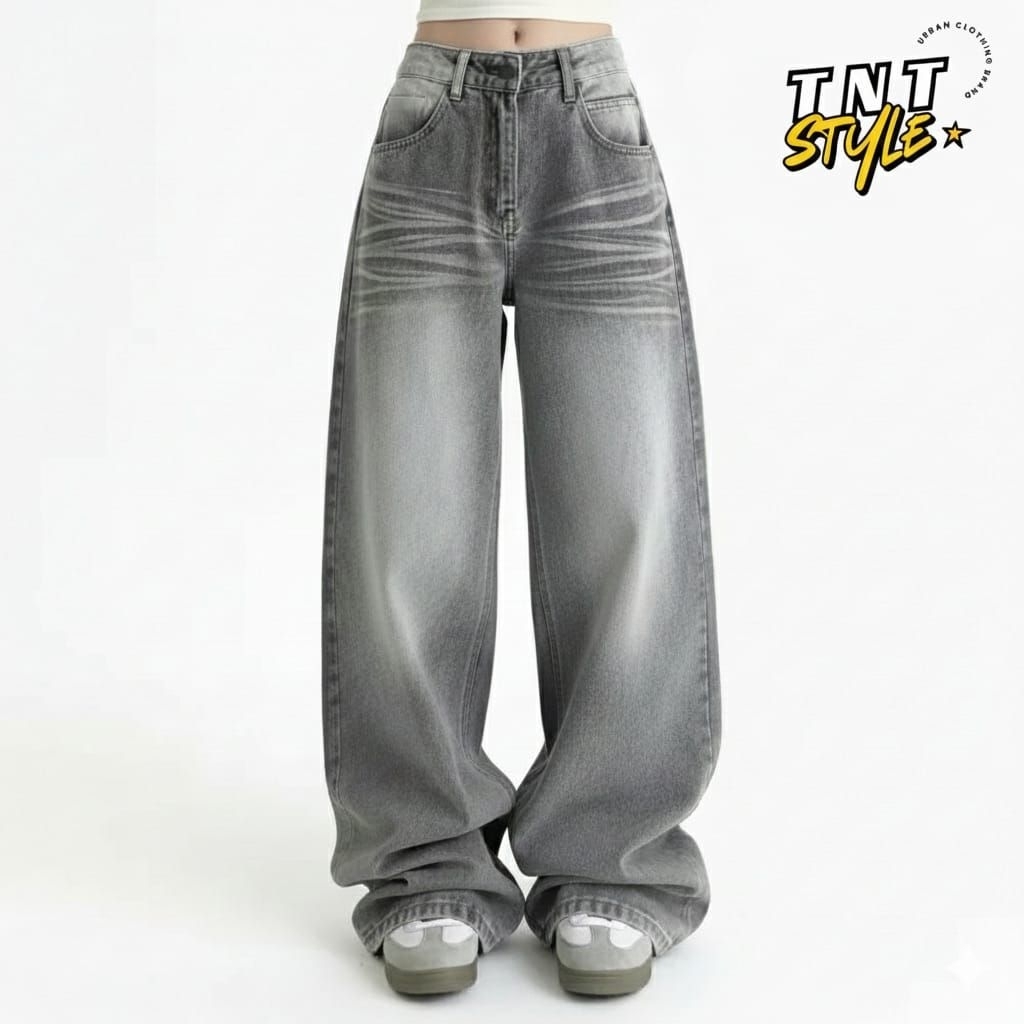 TNT STYLE - Baggy Jeans Celana Wanita Losse Abu Retro Terbaru - Celana Jeans Gombrong Wanita Kekinia