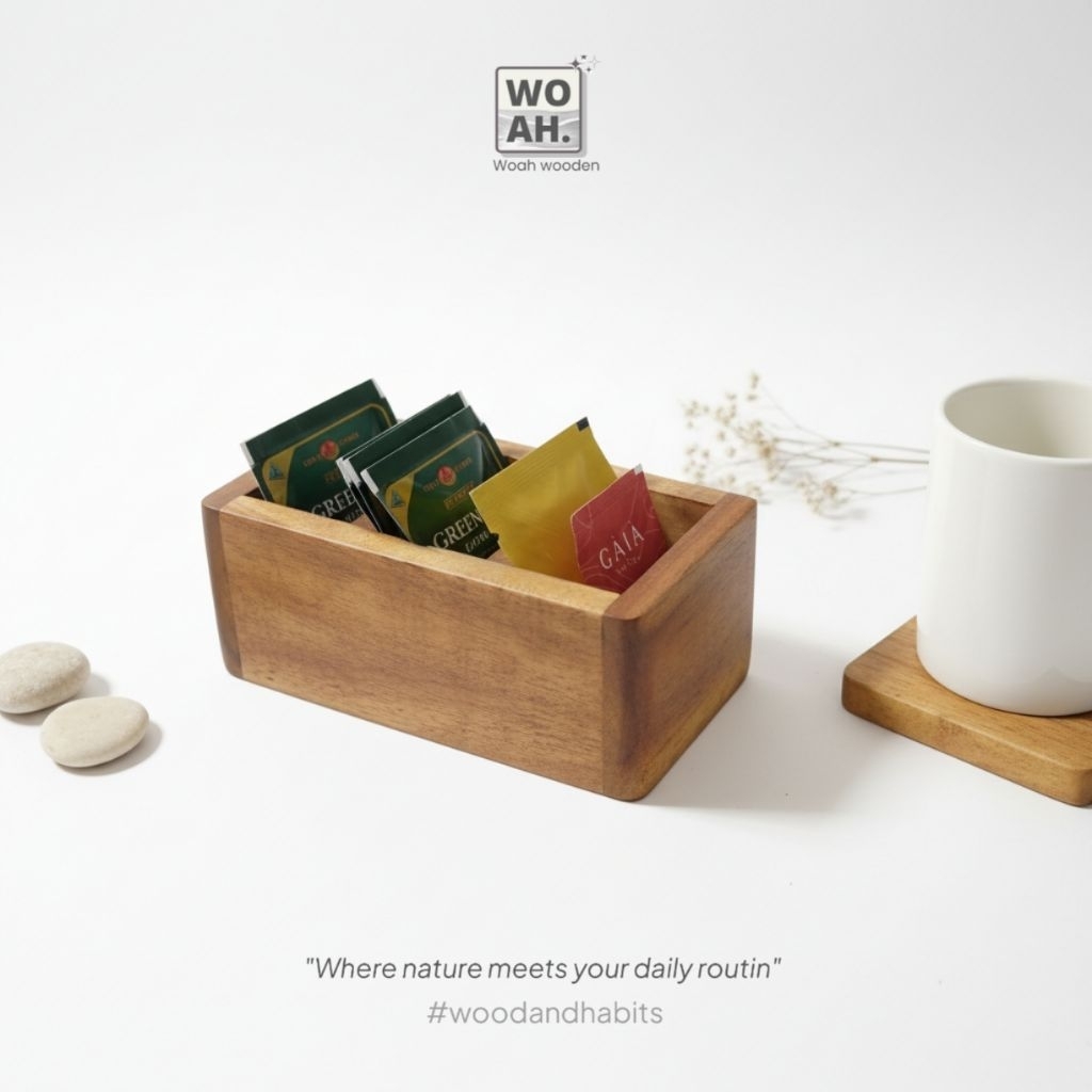 Kotak Display Teh Kopi Sachet Wooden hotel tea storage 3 sekat