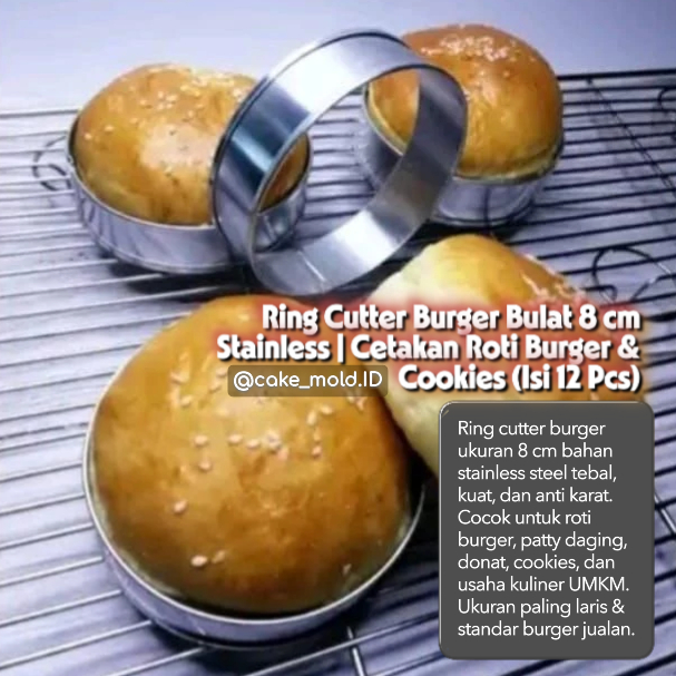Ring Cutter Burger Bulat 8 cm Stainless | Cetakan Roti Burger & Cookies (Isi 12 Pcs)