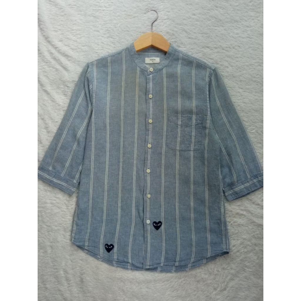 Kemeja Sanghai Blouse Topten Stripe Salur Biru Denim Soft Sky Blue Putih