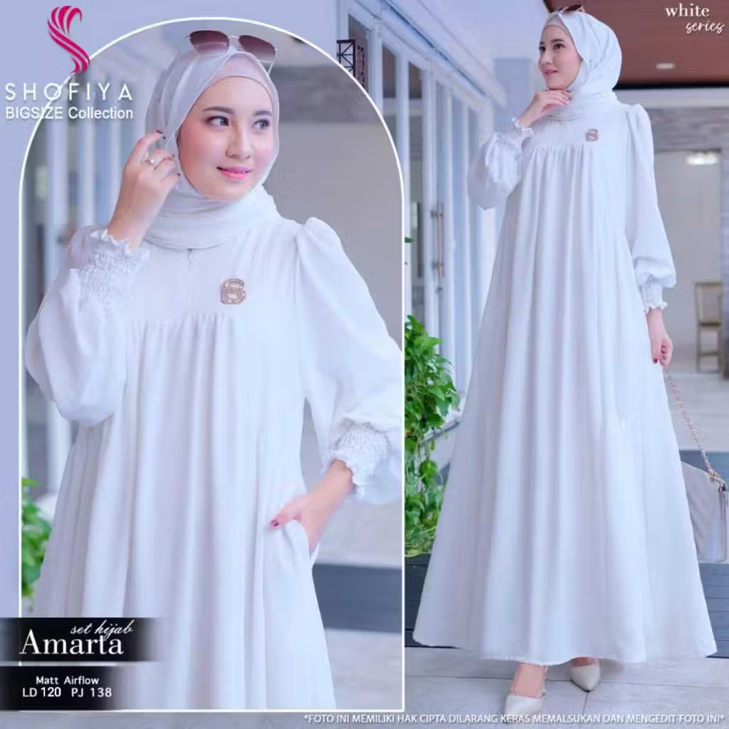 (MADINA) Dress Putih Set Hijab Hitam Premium by Shofiya Koleksi Ramadhan | Amarta - Haleemah