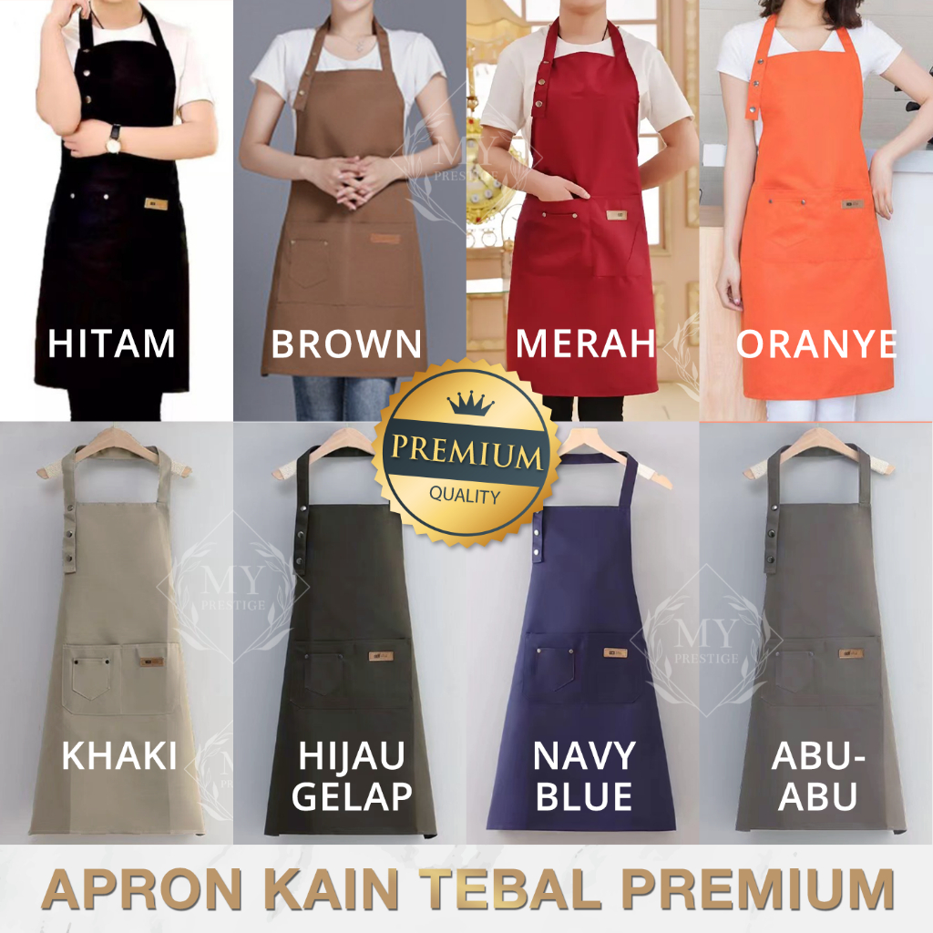 Celemek Masak Apron Kain Pria Wanita Koki Cafe Dapur Hitam Cokelat Hijau Biru Merah Krem Oranye Abu