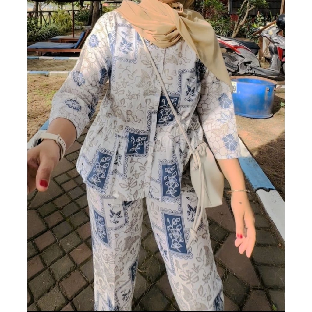 Refella set  bahan katun jumputan wanita kekinian motif full kancing celana baggy