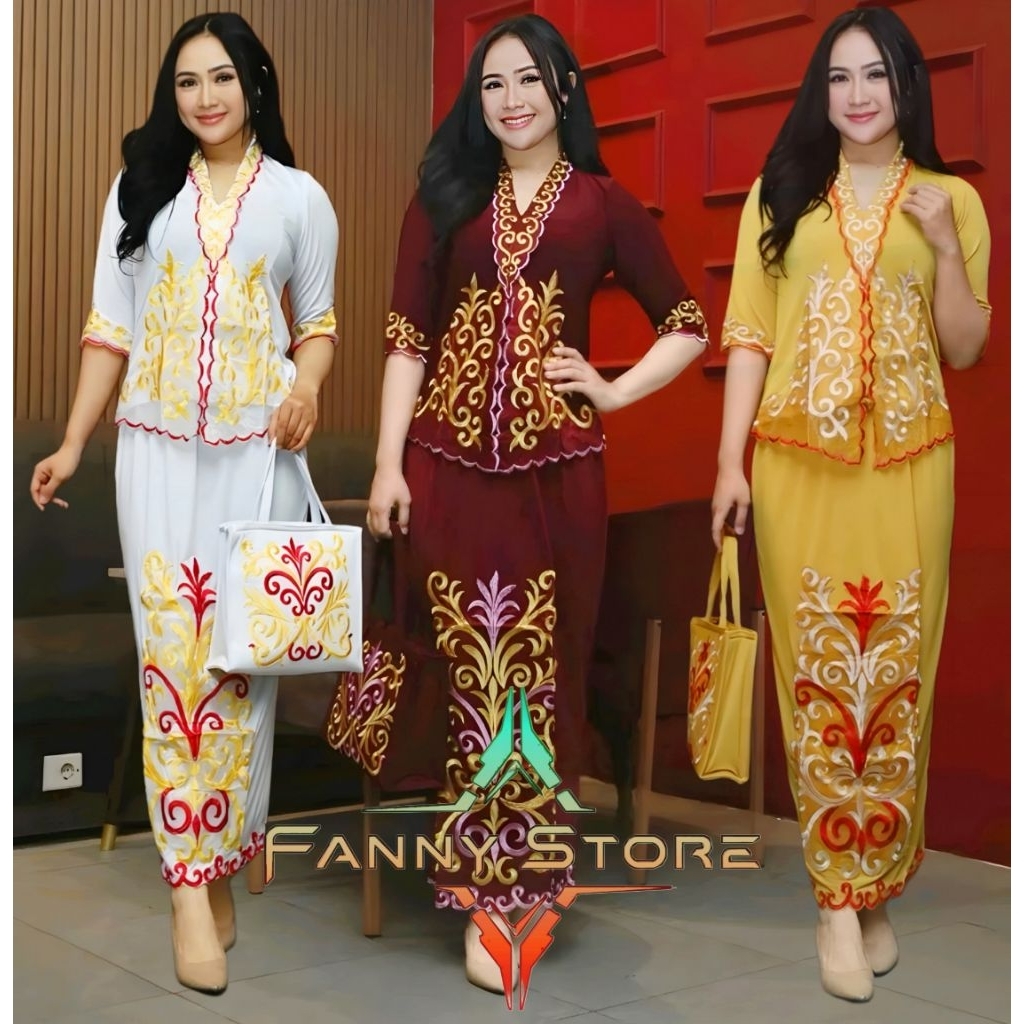 Stelan Kebaya Encim [ Free Tas Cantik ] Motif Dayak Betang Radang , Kebaya Bordir Melar , Kebaya Mod