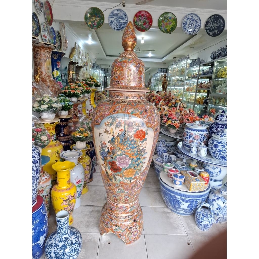 guci tutup jumbo tinggi 180 cm/pajangan guci sudut besar bahan keramik import