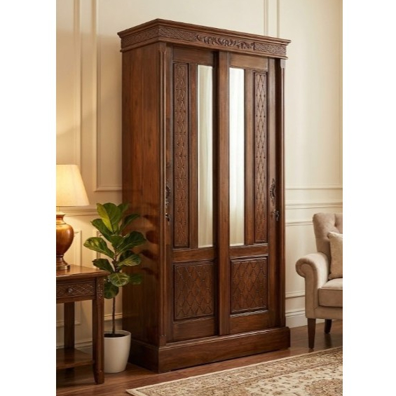 Lemari Pakaian Kayu Jati Asli 2 Pintu Sliding + kaca uk 117x54x208