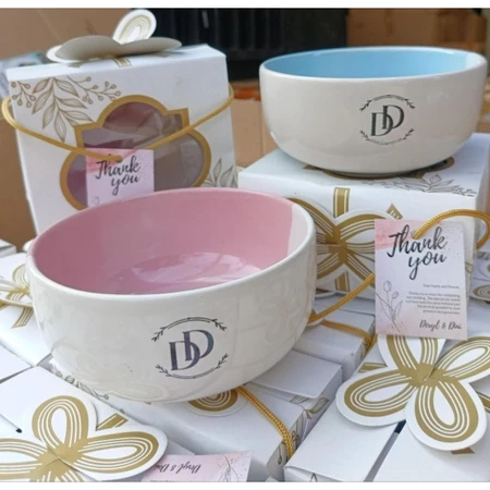 MANGKOK KERAMIK TWO TONE CUSTOM NAMA KEMAS BOX SOUVENIR