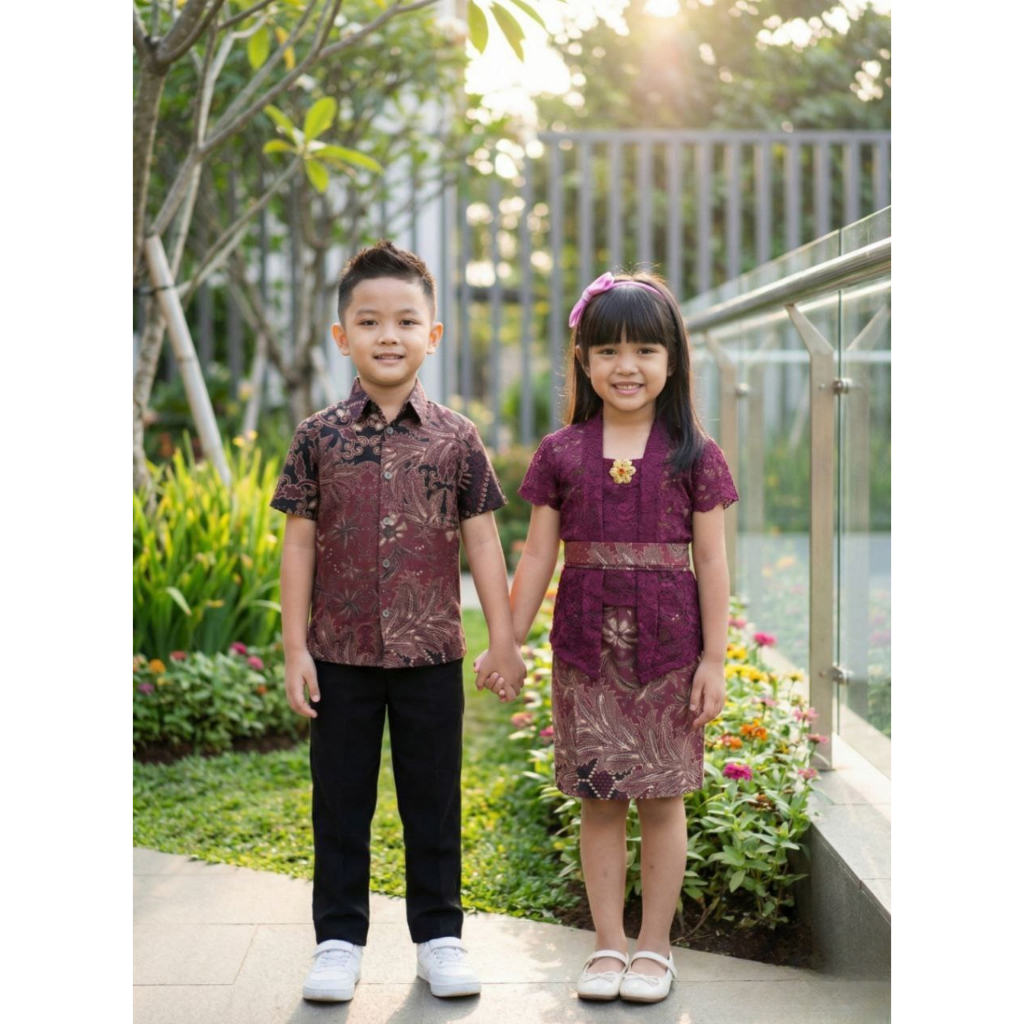 Couple Kemeja Batik Anak laki laki & Kebaya Brokat Bali Anak Perempuan Usia 1-9 Tahun