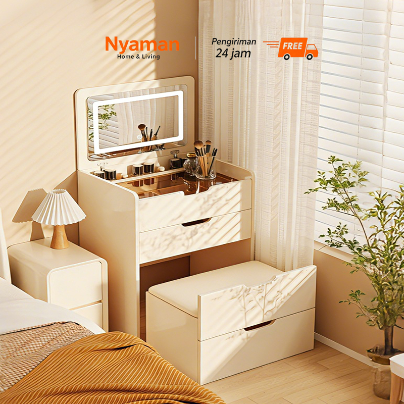 NYAMAN Meja Rias Bangku Penyimpanan Lengkap Dilengkapi Dengan Cermin Rias Yang Kompak Dan Kecil