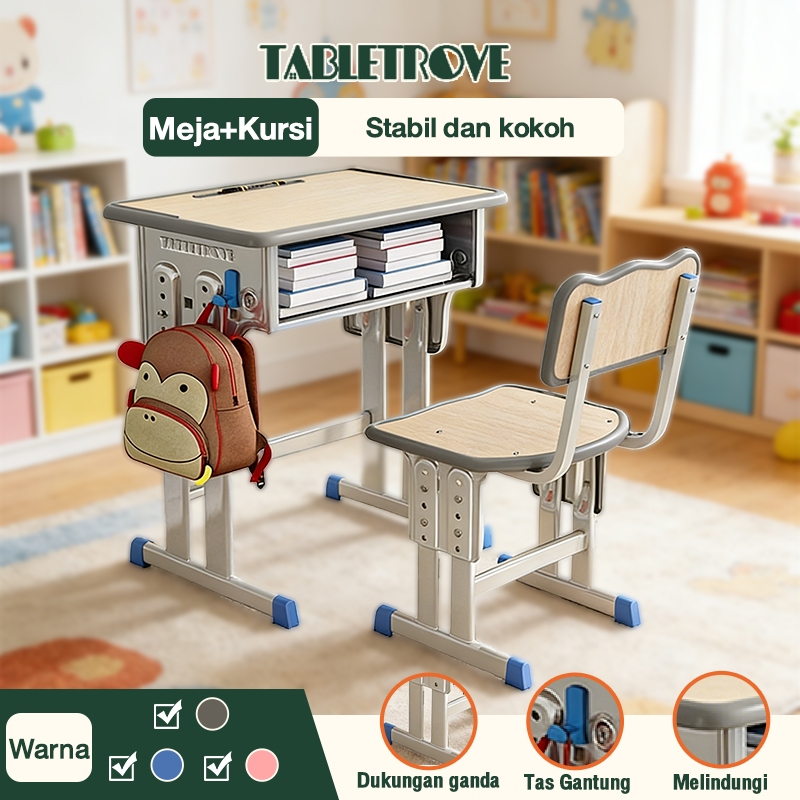 TABLETROVE Meja Belajar Anak SD Adjustable Meja Kursi Belajar Set Meja Kursi Dasar + Rak Buku