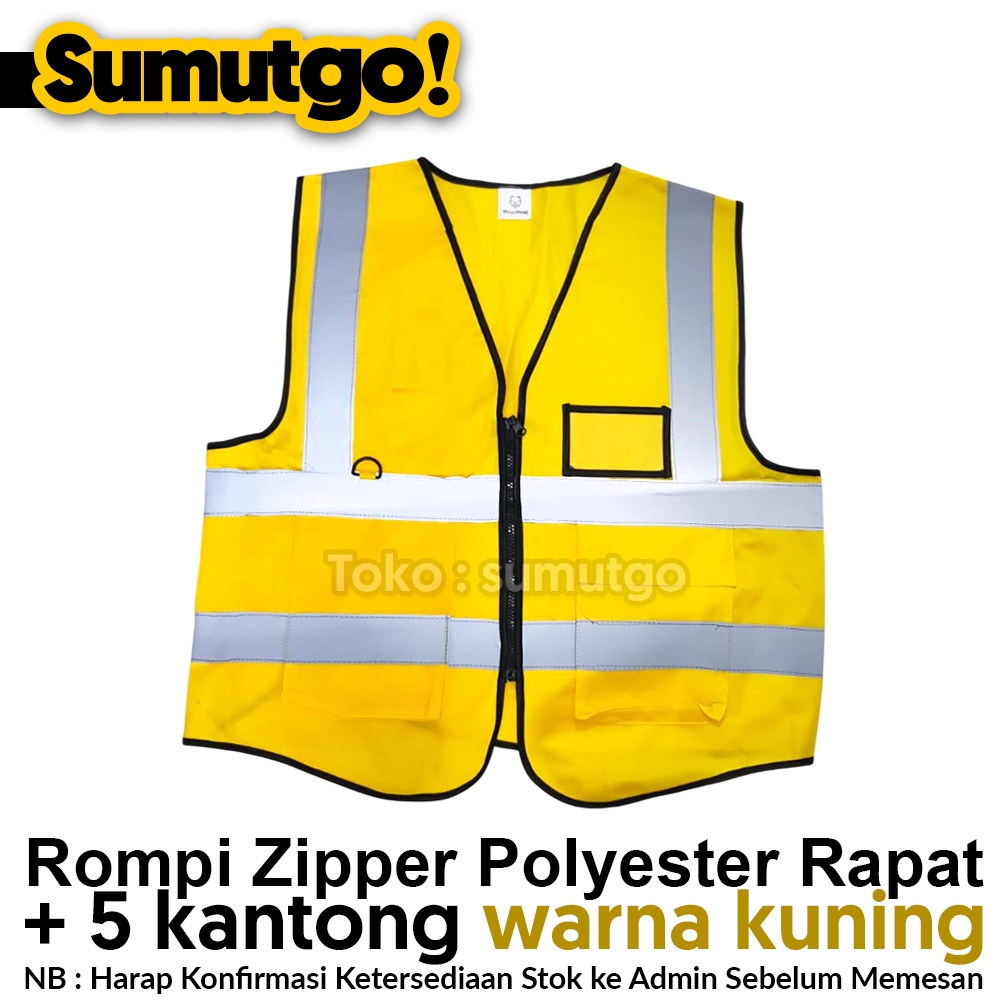 Rompi Proyek Zipper Kuning PU + Scothlite  / Baju Kerja Rompi Safety Polyester Resleting 5 Kantong
