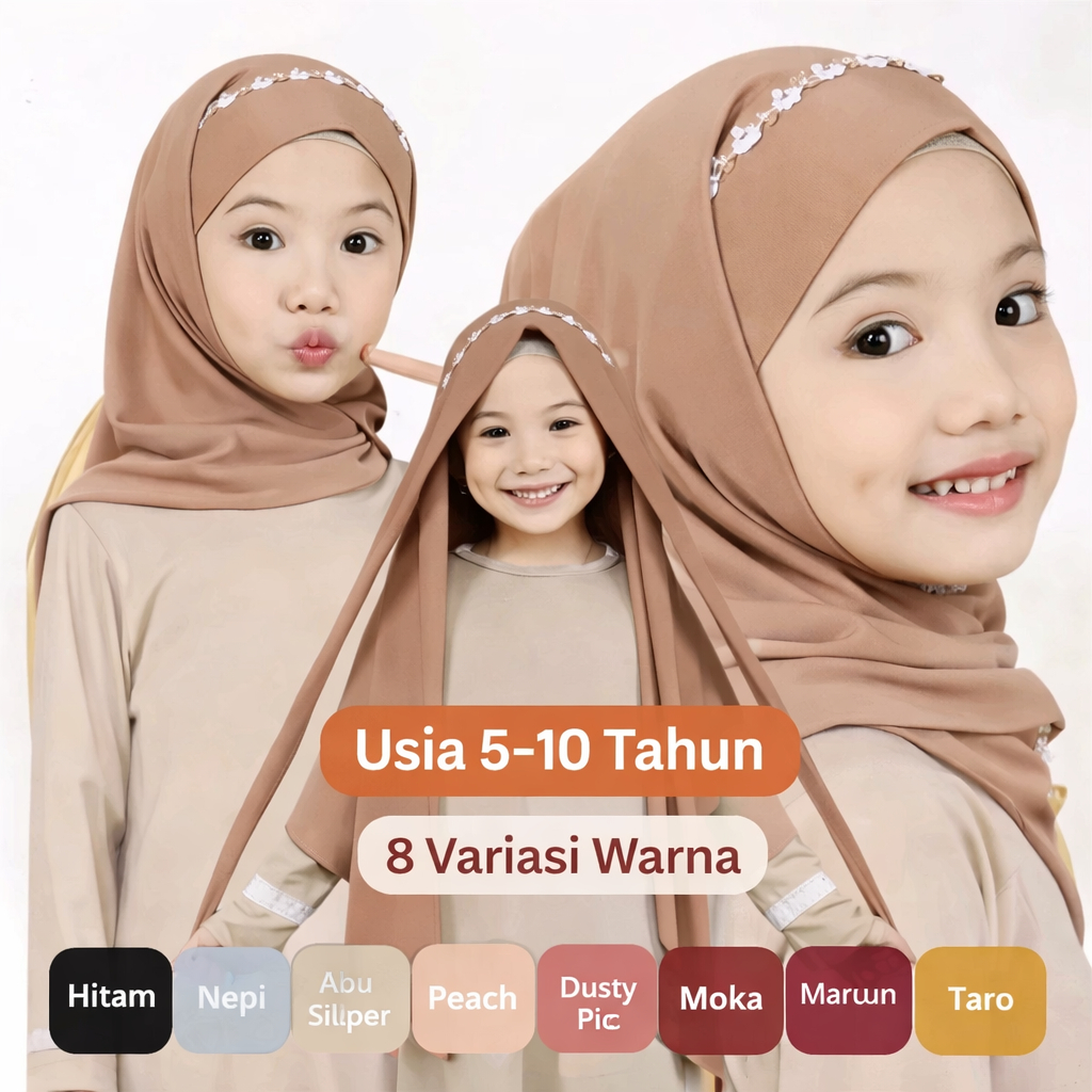 Hijab Anak Instan  Malay Aplikasi Renda Usia 5-10 Tahun 8 Variasi Warna - Jilbab Anak Dagu Malay Bah