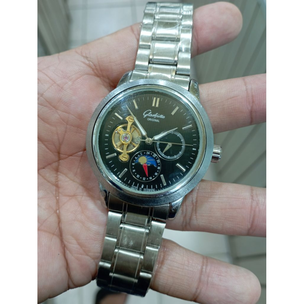 jam tangan vintage, automatic chrono aktiv stenlis steel Glashutte