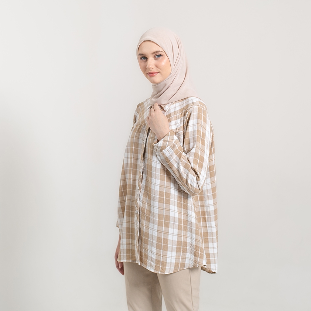 Atasan kemeja wanita blouse seva bahan crinkle kotak kotak feelcomfort