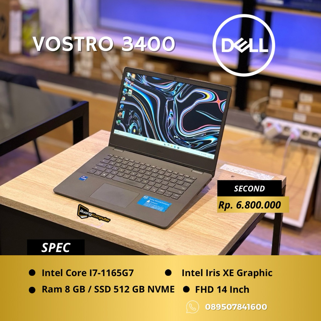 Laptop DELL VOSTRO 3400 Intel Core I7-1165G7 RAM 8GB SSD 512GB NVME HD 14 Inch Second Bergaransi